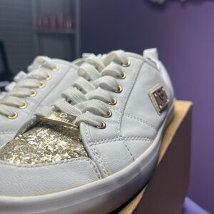 Guess Women's White Sneakers with Gold Glitter Accents
